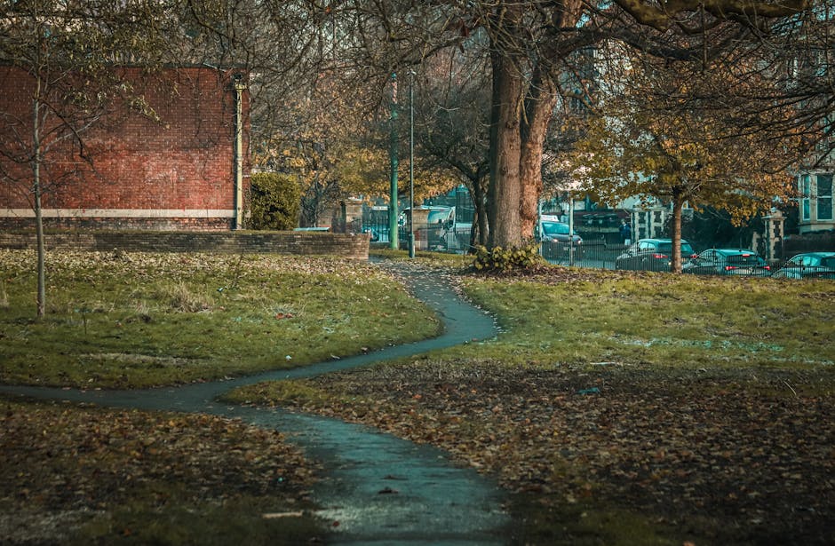 A beautifully maintained garden in Peckham Rye Park featuring a lush, trimmed lawn bordered by vibrant flower beds with a mix of tulips, crocuses, and other seasonal blooms. On the left, a tall, dense